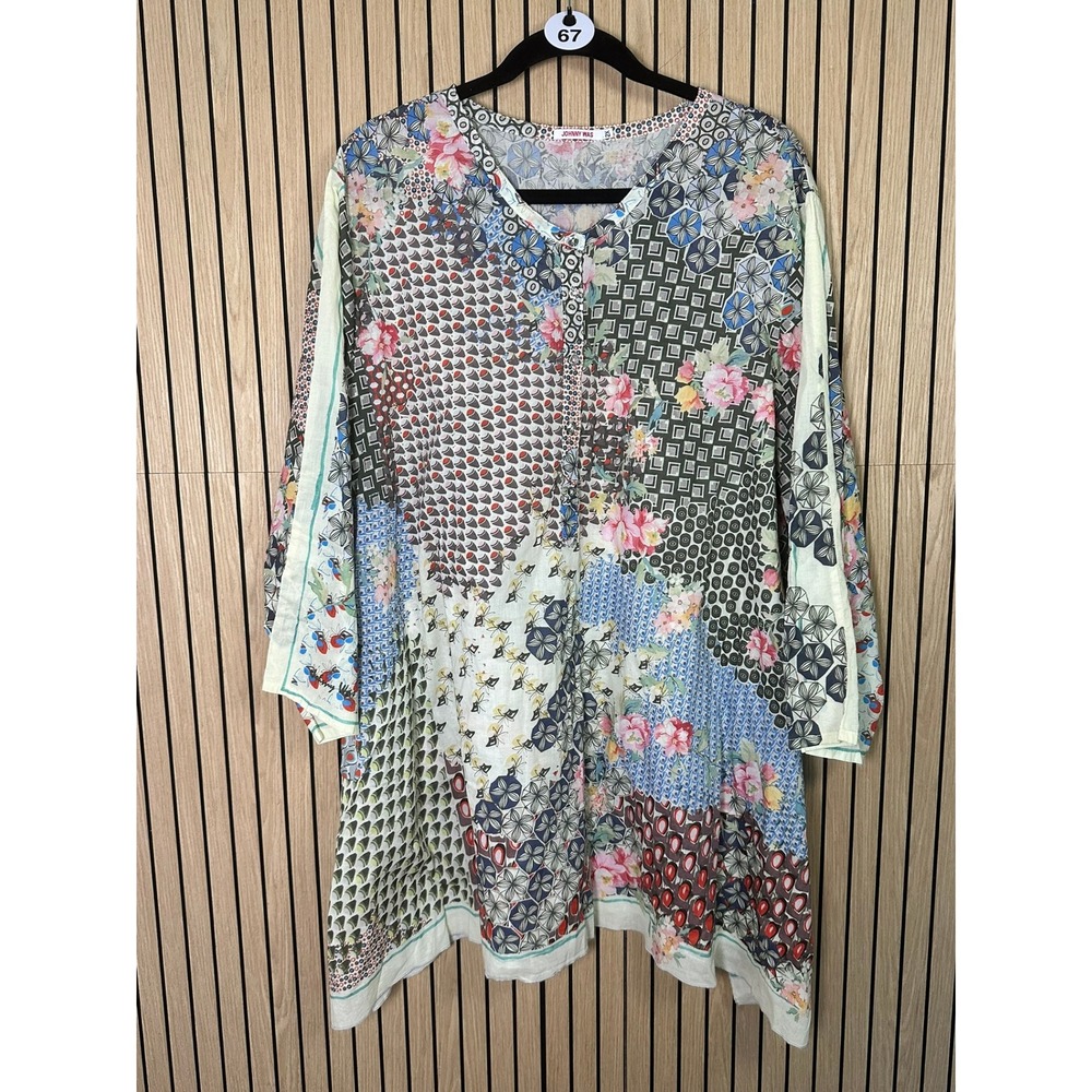 067 Johnny Was Patchwork Floral Geometric Cotton Tunic Top Multi-Color 2X